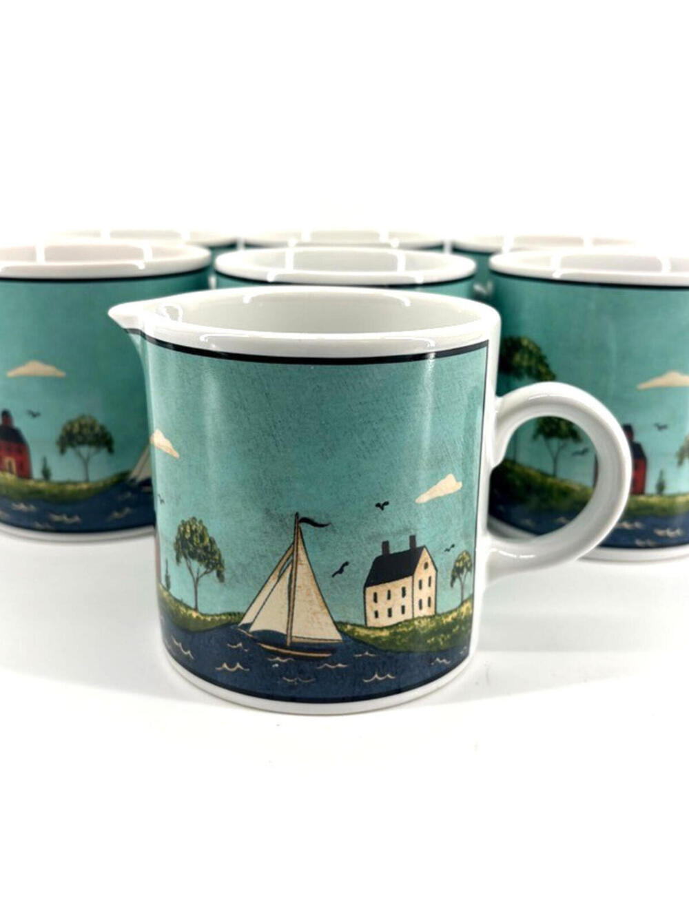1998 Warren Kimble Sakura Coastal Breeze 6 Mugs Cream Pitcher Bowl & Extra Bowl